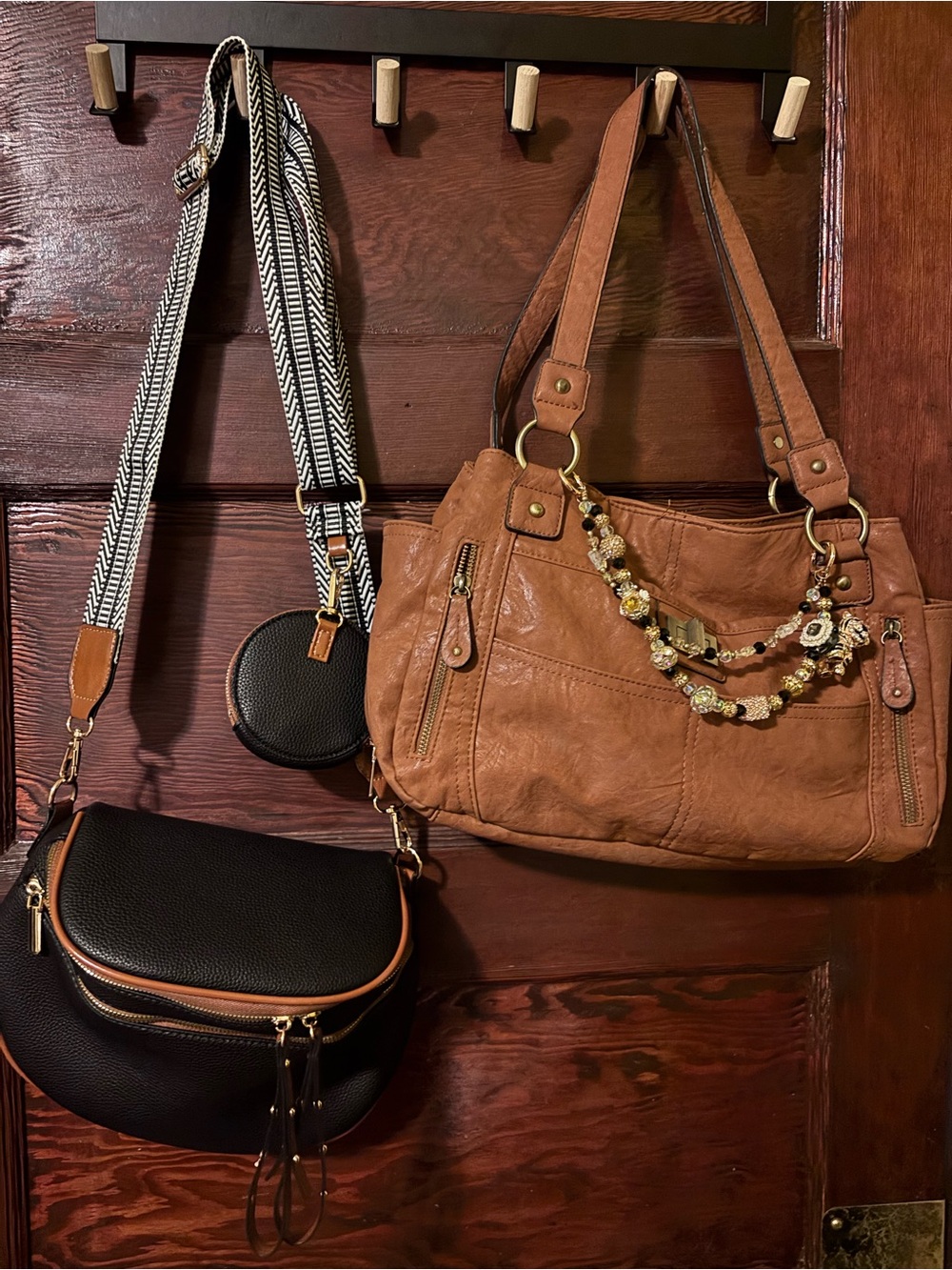 Teddy Brown Faux-Leather Shoulder Bag with Decorative Chain